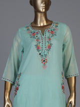 Mint green chanderi silk straight cut kurti set