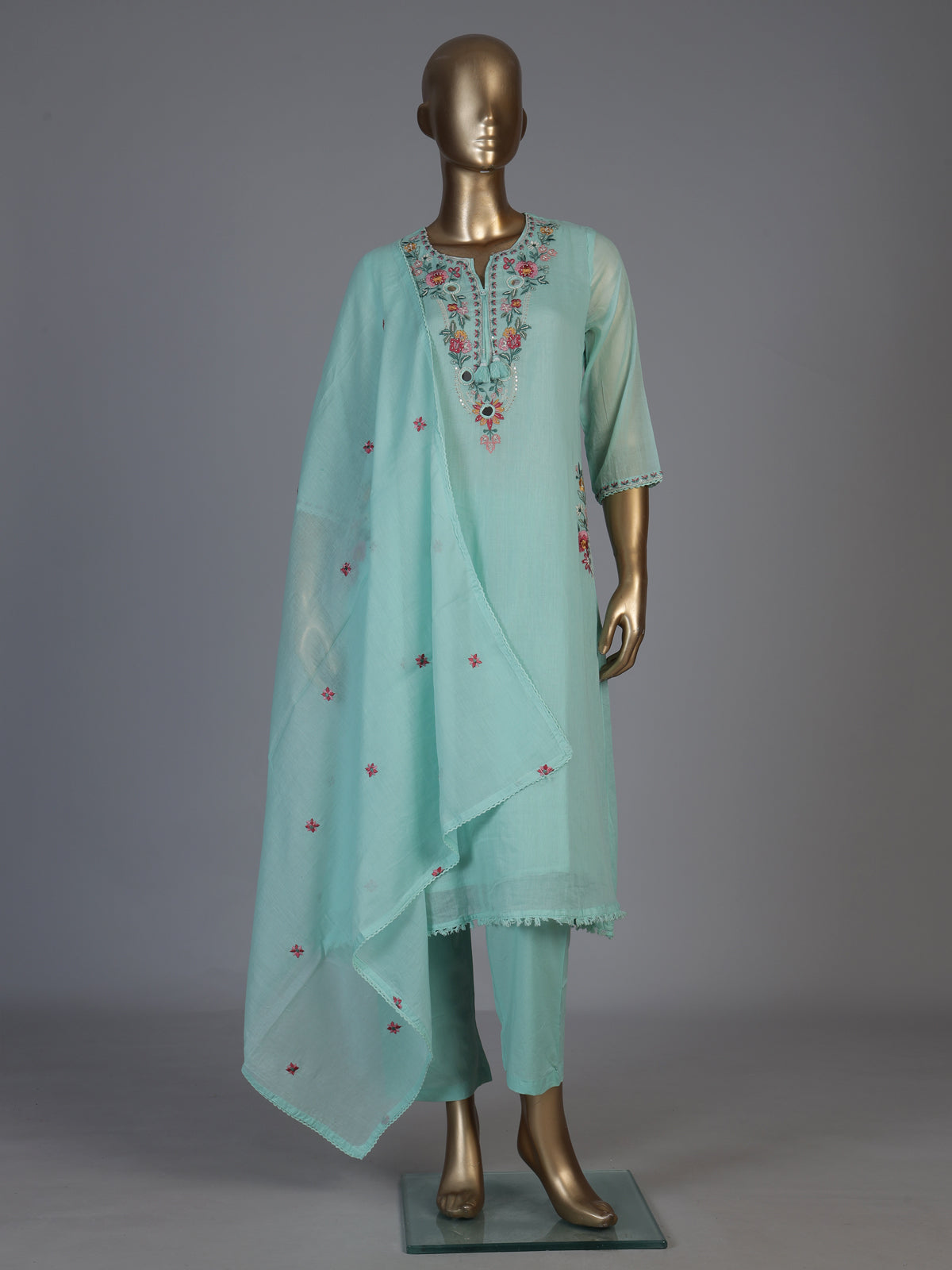 Mint green chanderi silk straight cut kurti set