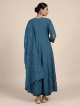 Teal blue cotton silk blend anarkali kurti set