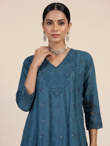 Teal blue cotton silk blend anarkali kurti set