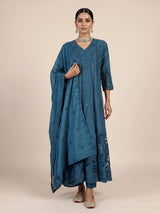 Teal blue cotton silk blend anarkali kurti set