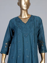 Teal blue cotton silk blend anarkali kurti set