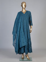 Teal blue cotton silk blend anarkali kurti set