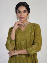 Mehendi green cotton silk blend anarkali kurti set