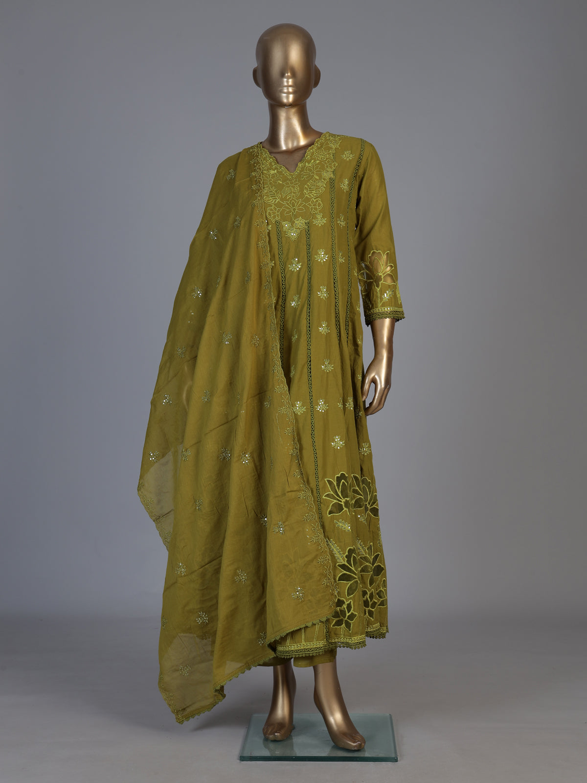 Mehendi green cotton silk blend anarkali kurti set