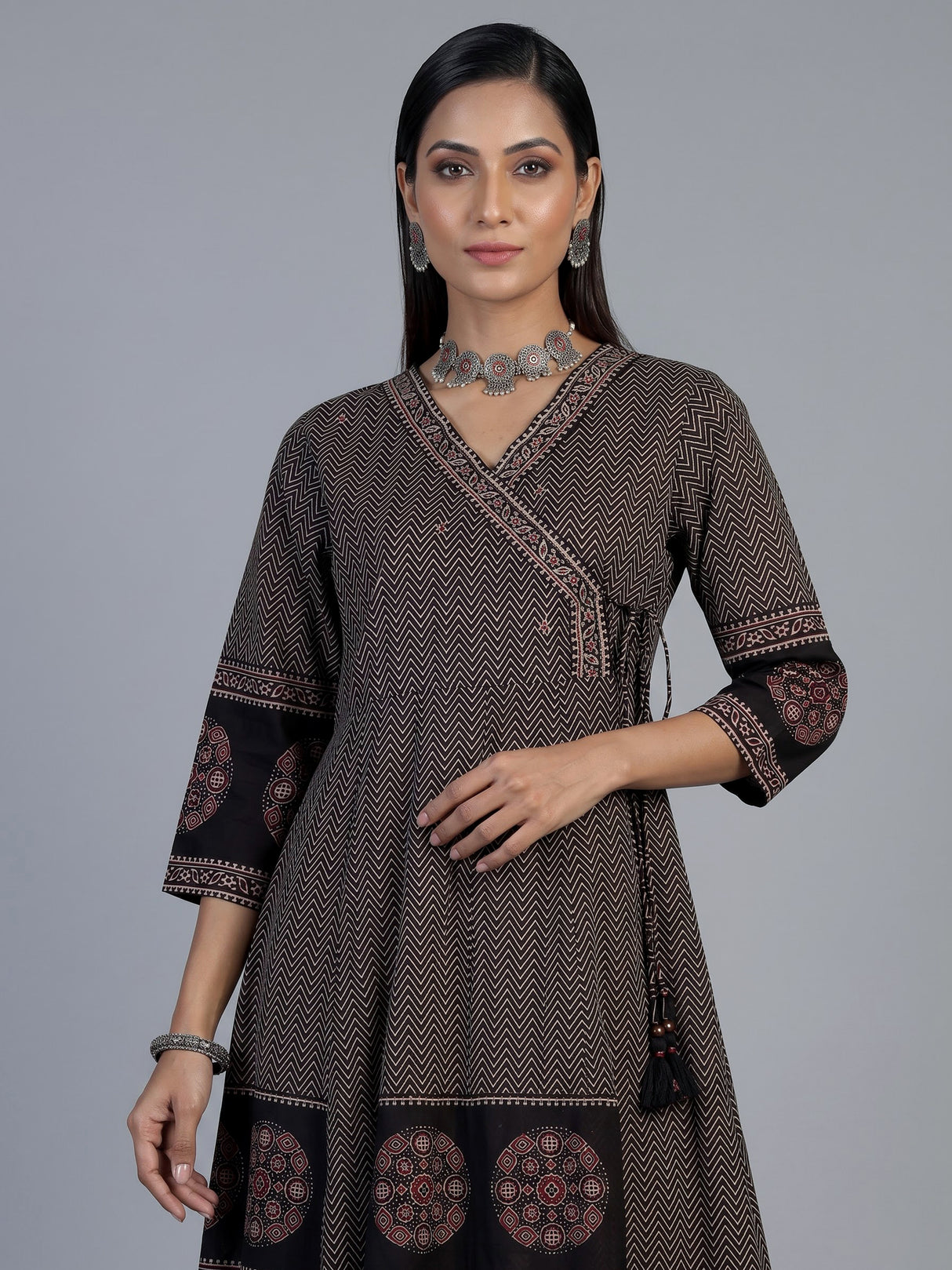 Black cotton blend embellished printed kurti set