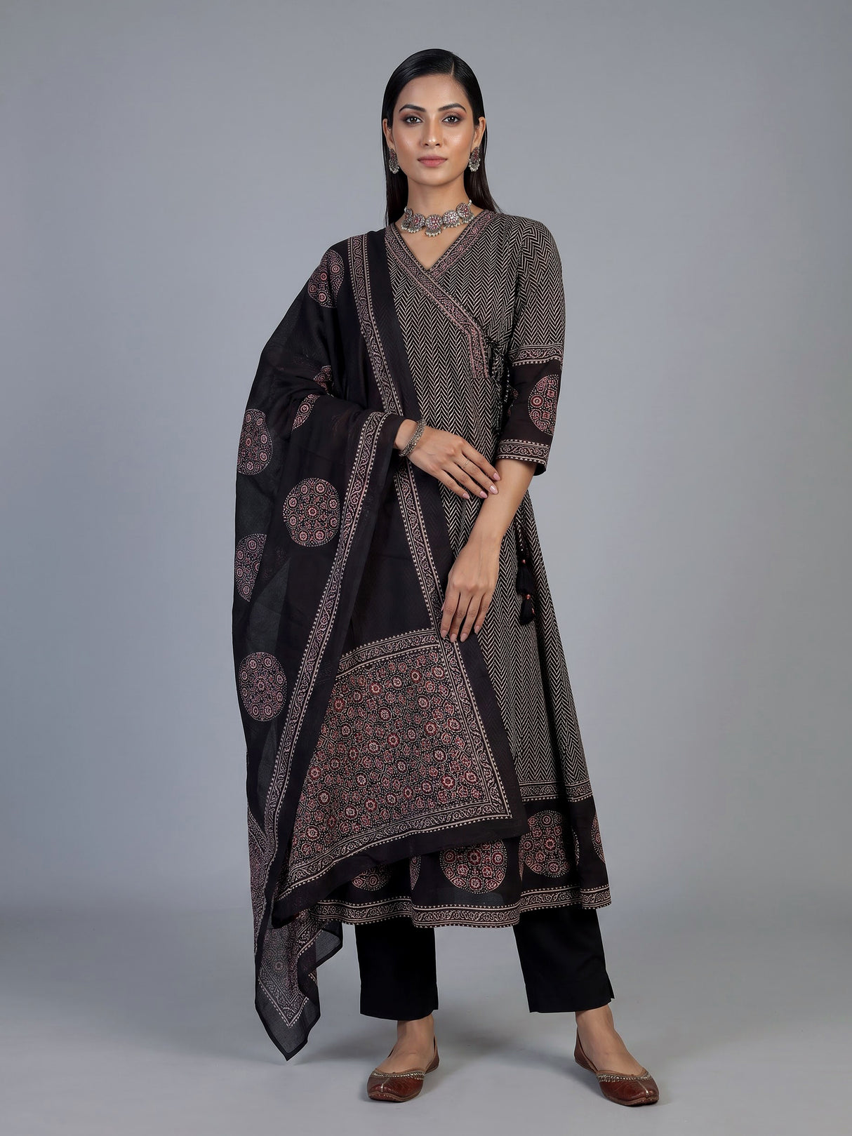 Black cotton blend embellished printed kurti set