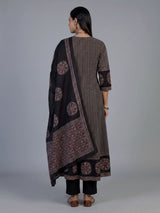 Black cotton blend embellished printed kurti set