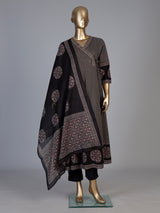 Black cotton blend embellished printed kurti set
