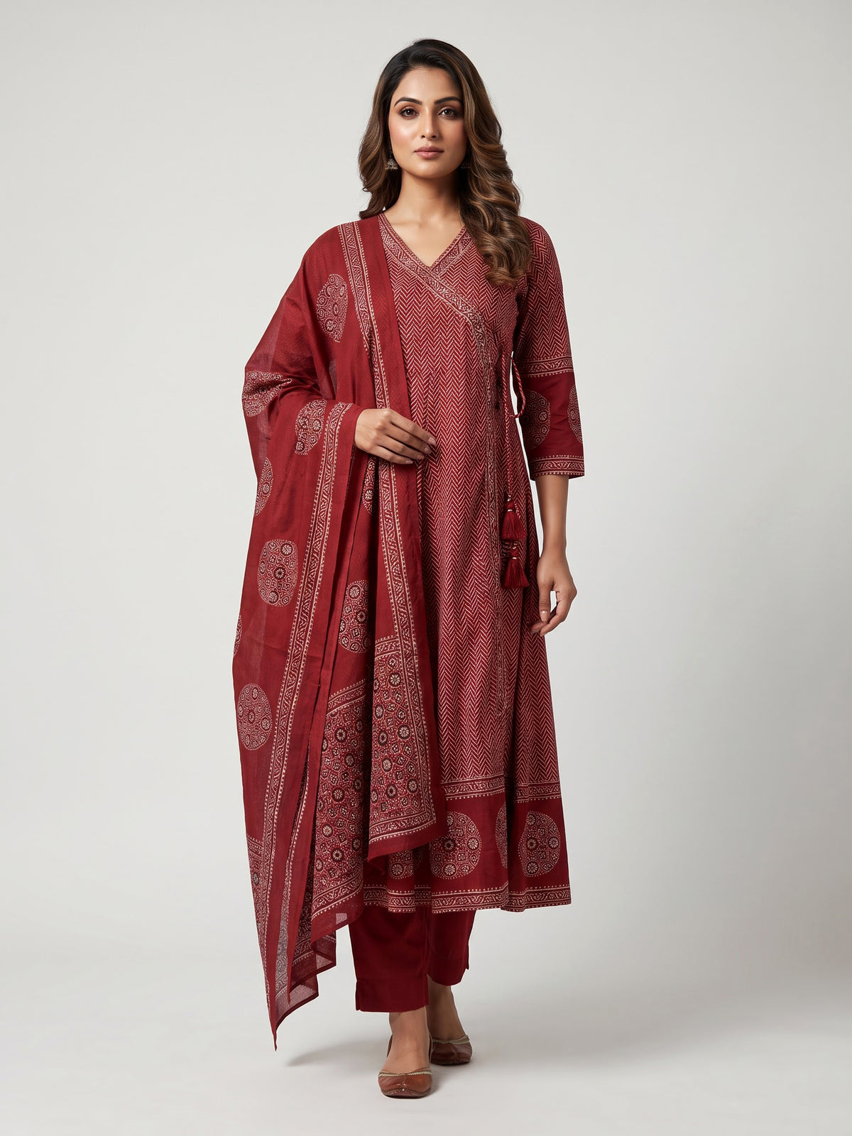 Red cotton blend embellished printed kurti set