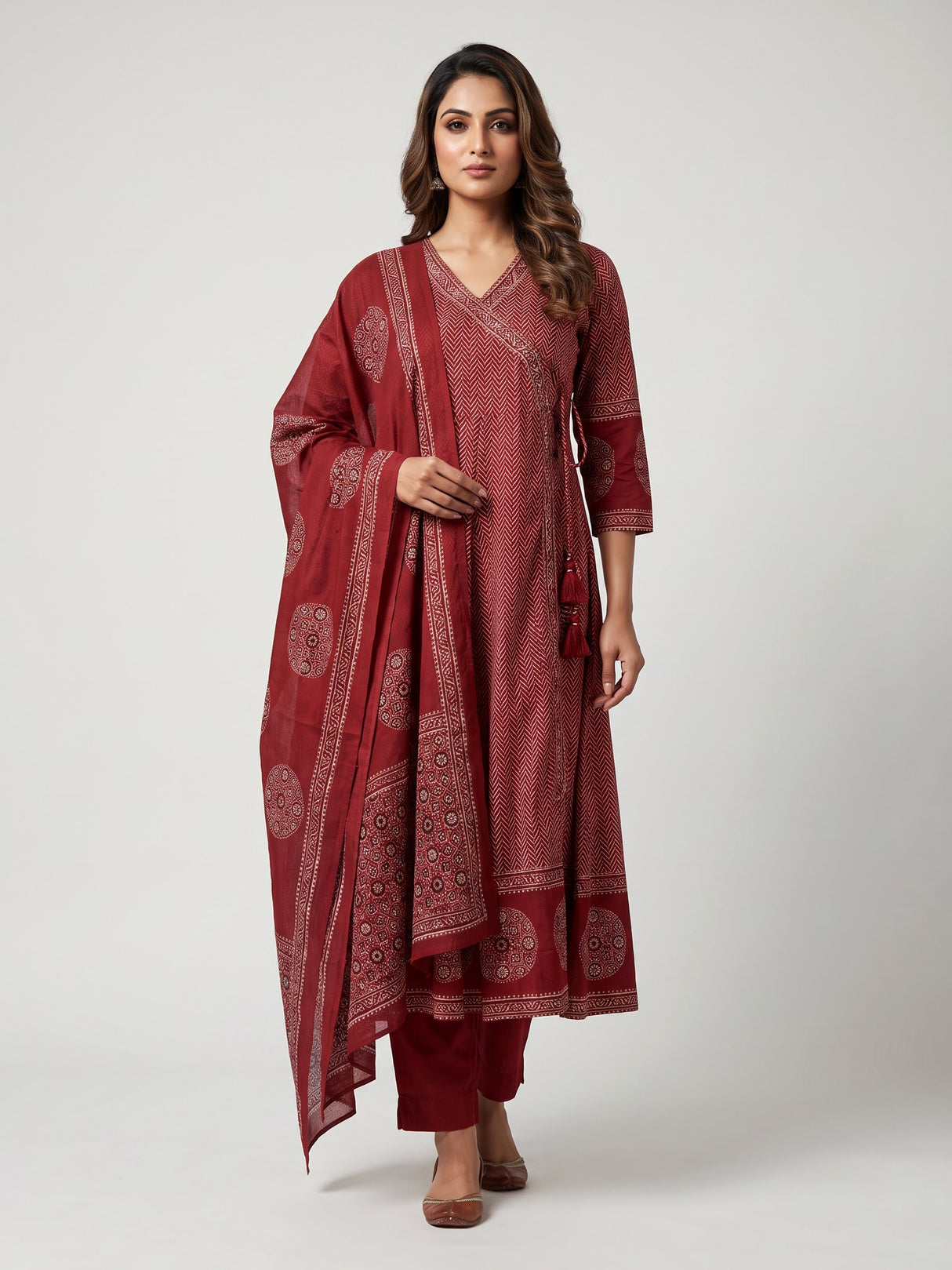 Red cotton blend embellished printed kurti set