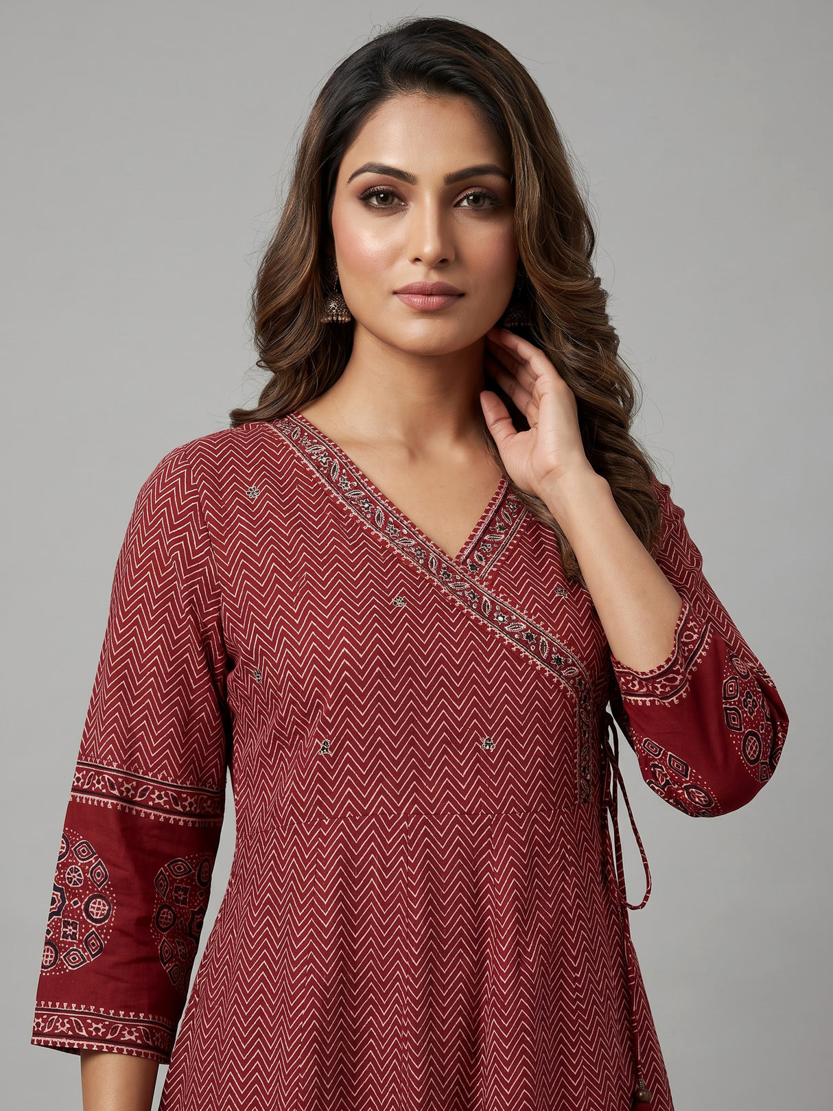 Red cotton blend embellished printed kurti set
