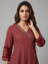 Red cotton blend embellished printed kurti set