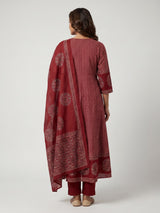 Red cotton blend embellished printed kurti set