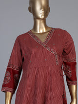 Red cotton blend embellished printed kurti set