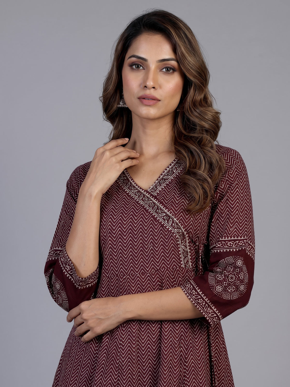 Wine cotton blend embellished printed kurti set