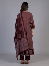 Wine cotton blend embellished printed kurti set