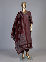 Wine cotton blend embellished printed kurti set