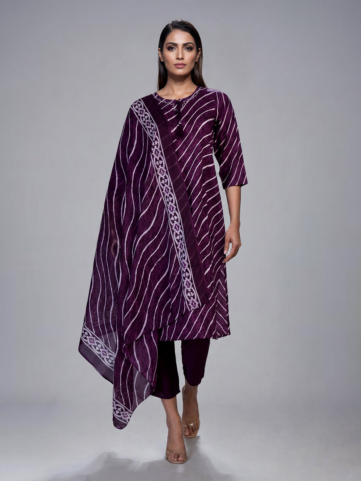 Purple silk printed kurti set with graceful dupatta