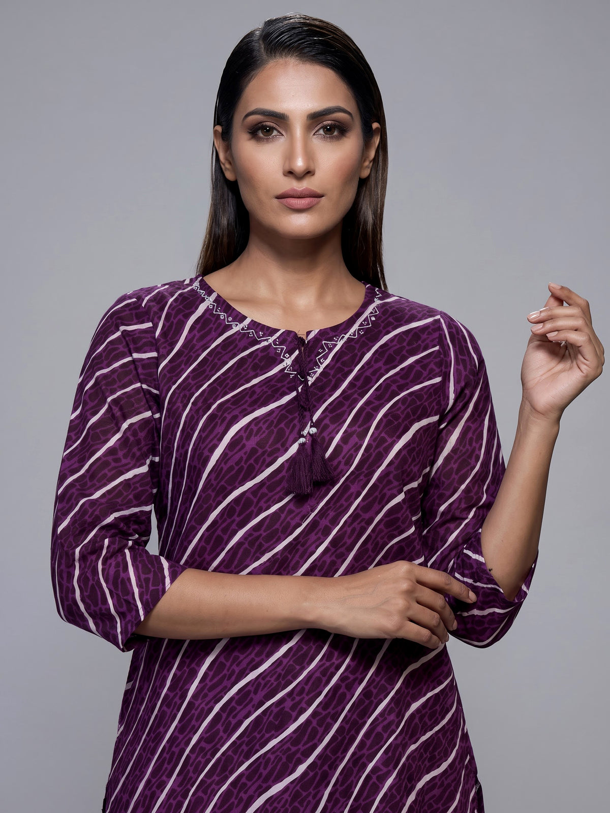 Purple silk printed kurti set with graceful dupatta