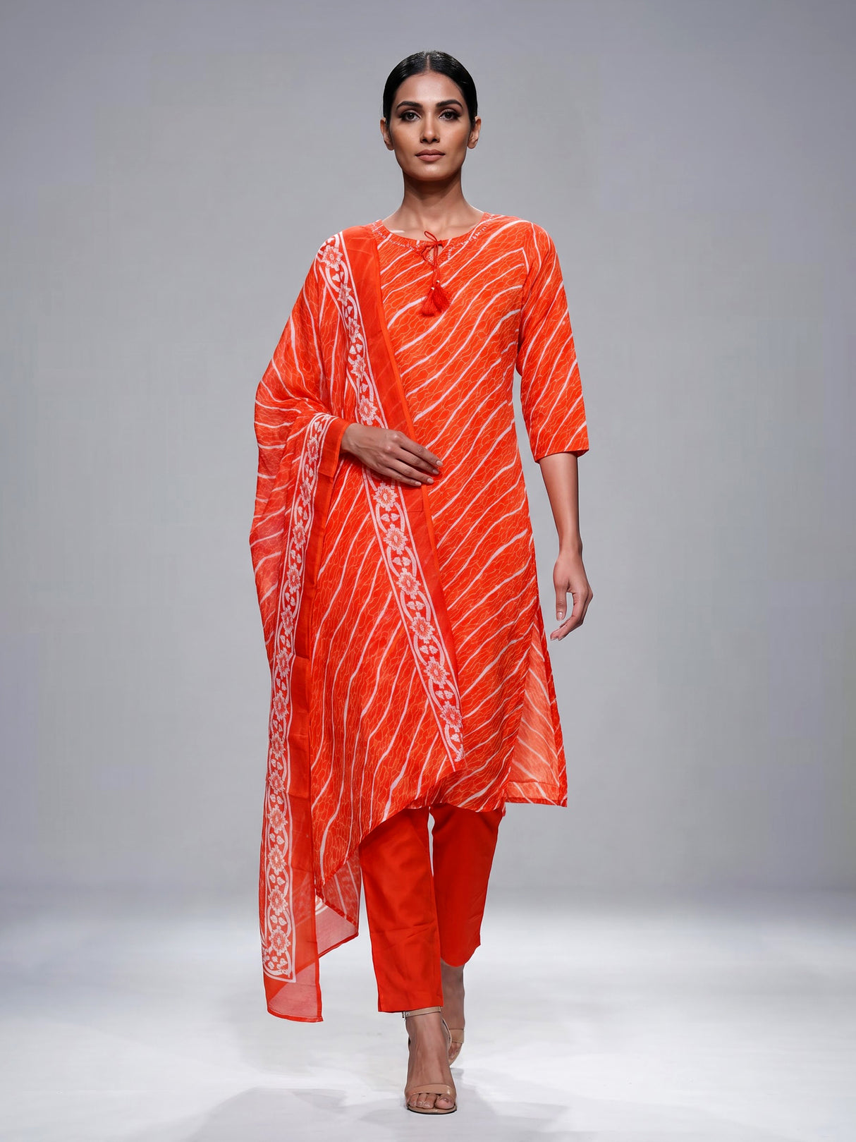 Orange silk printed kurti set with elegant dupatta