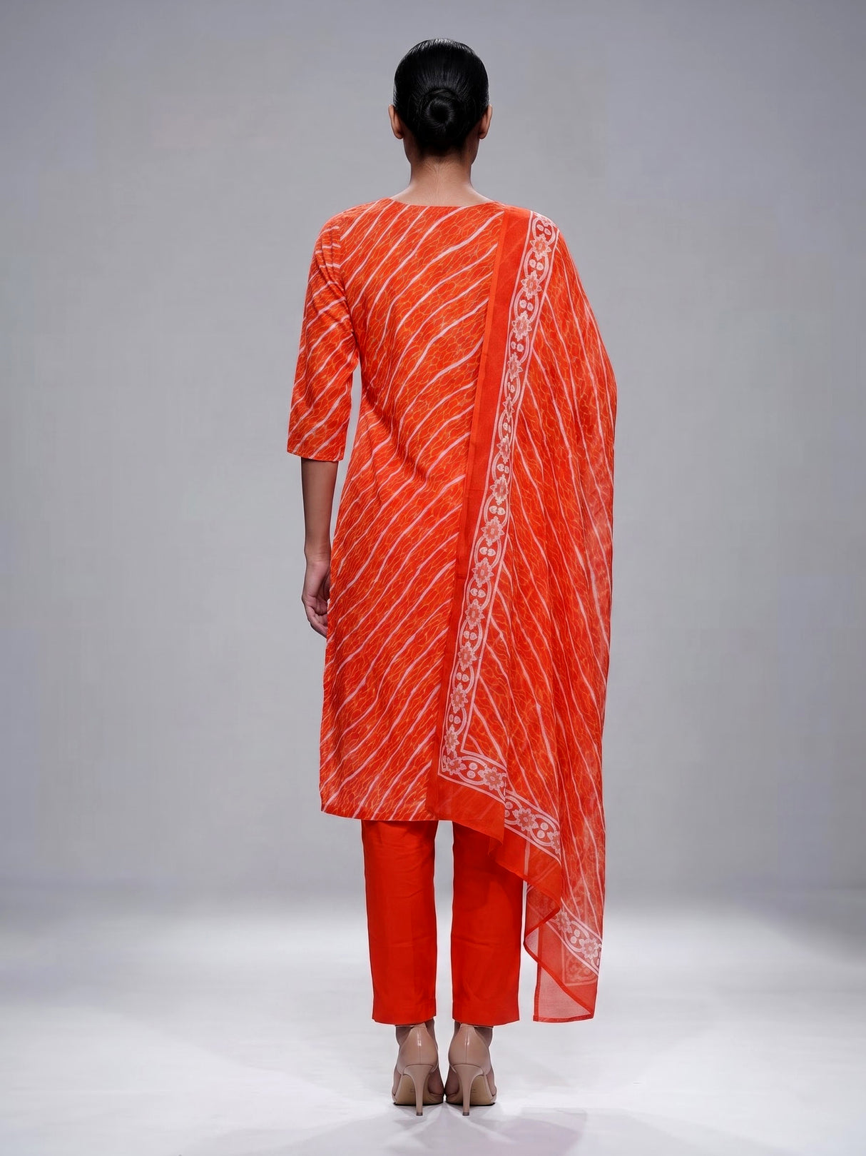 Orange silk printed kurti set with elegant dupatta