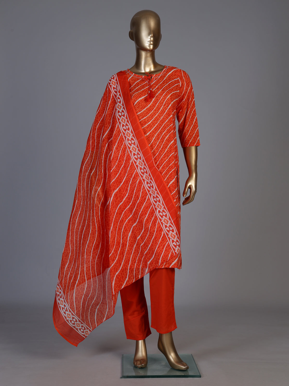 Orange silk printed kurti set with elegant dupatta