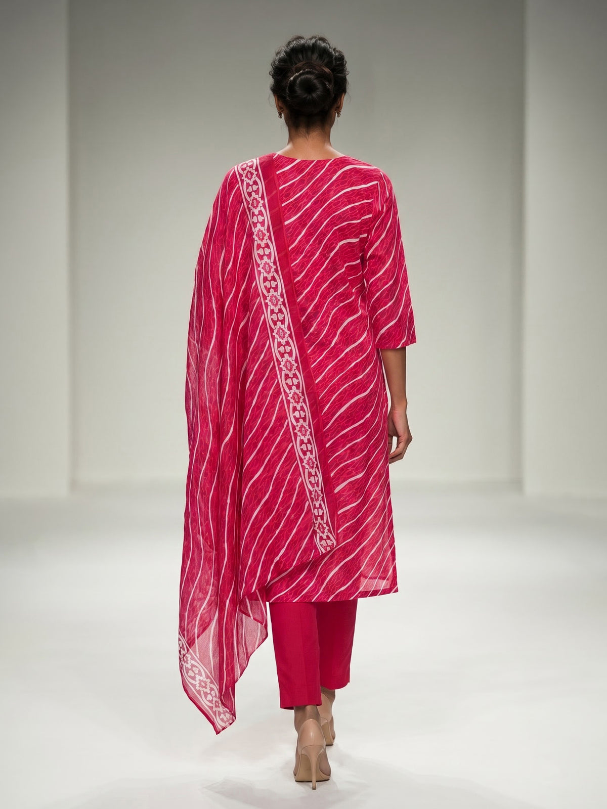Rani pink silk printed kurti set with dupatta