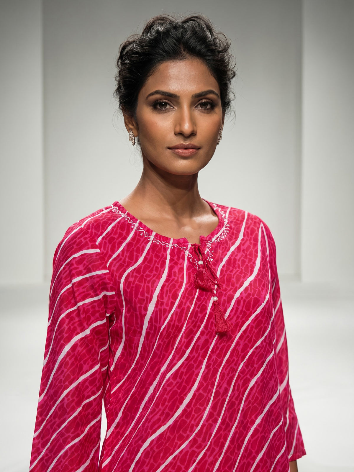 Rani pink silk printed kurti set with dupatta