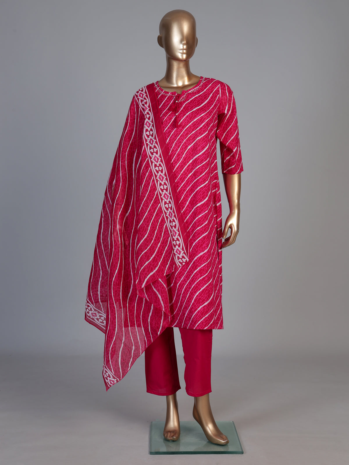 Rani pink silk printed kurti set with dupatta