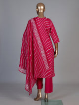 Rani pink silk printed kurti set with dupatta