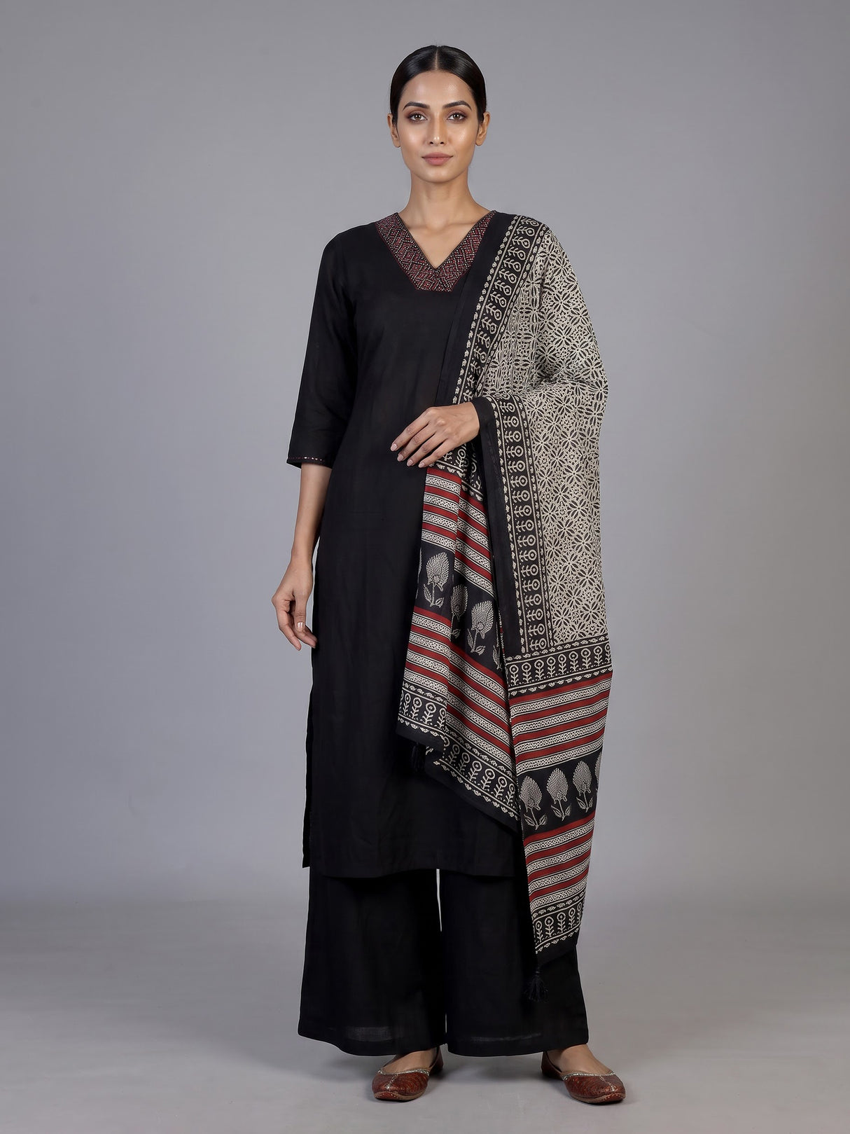 Black cotton silk palazzo kurti set with embellished V neckline