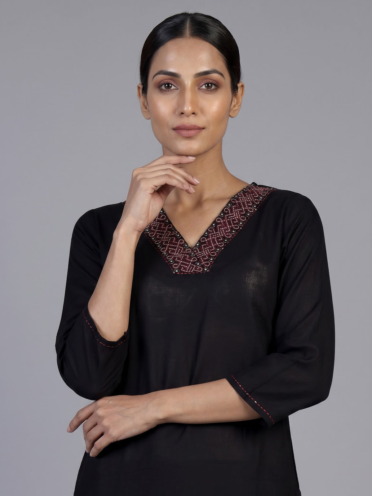 Black cotton silk palazzo kurti set with embellished V neckline