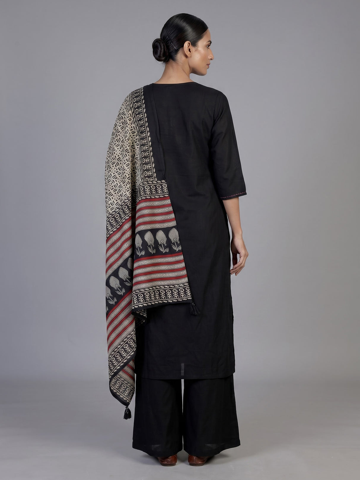 Black cotton silk palazzo kurti set with embellished V neckline