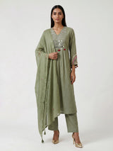 Pista green cotton silk blend yoke kurti set with tassels