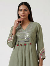 Pista green cotton silk blend yoke kurti set with tassels