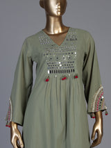 Pista green cotton silk blend yoke kurti set with tassels