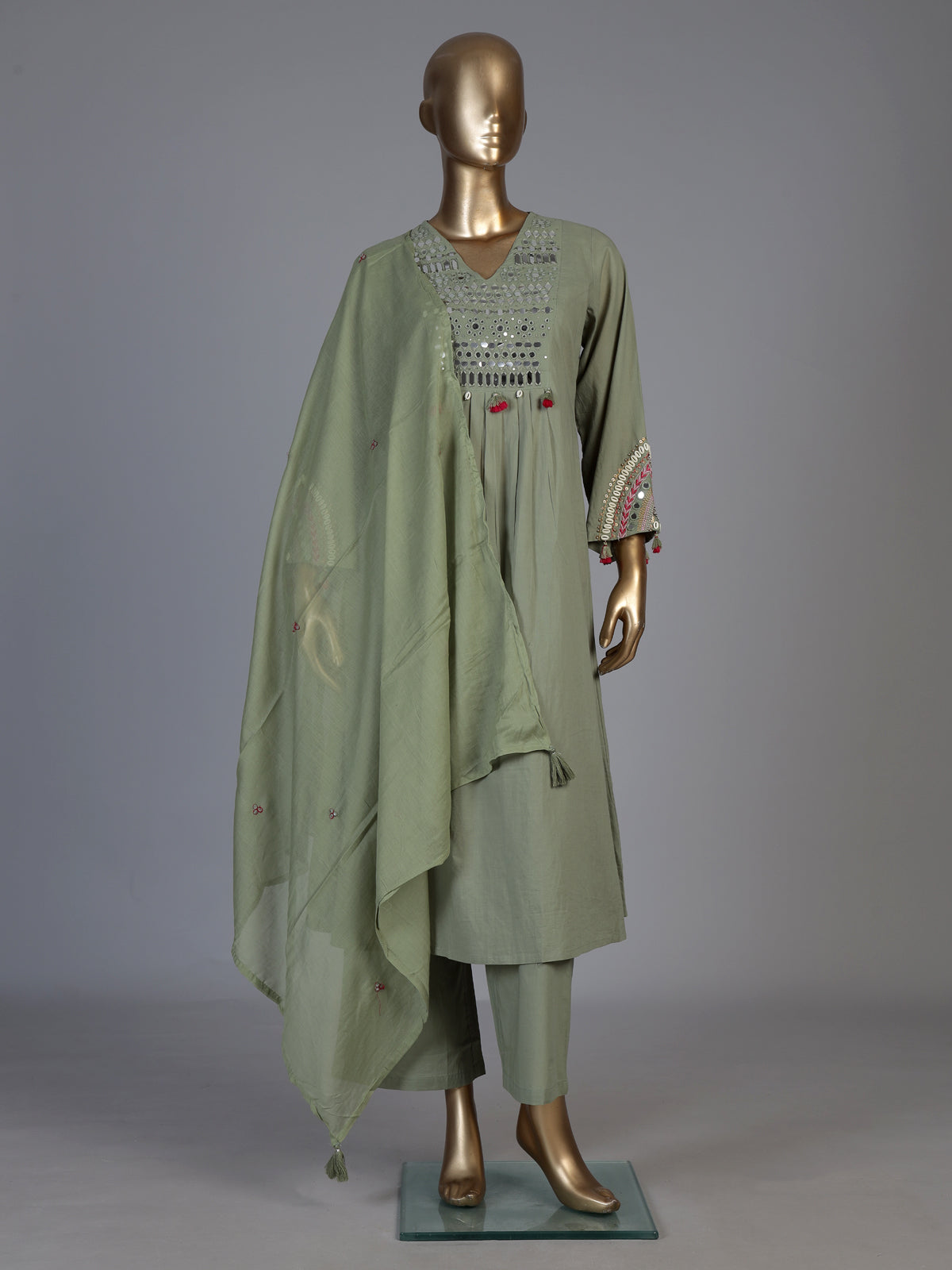 Pista green cotton silk blend yoke kurti set with tassels
