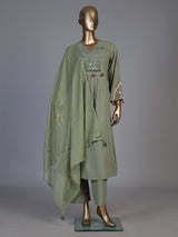 Pista green cotton silk blend yoke kurti set with tassels