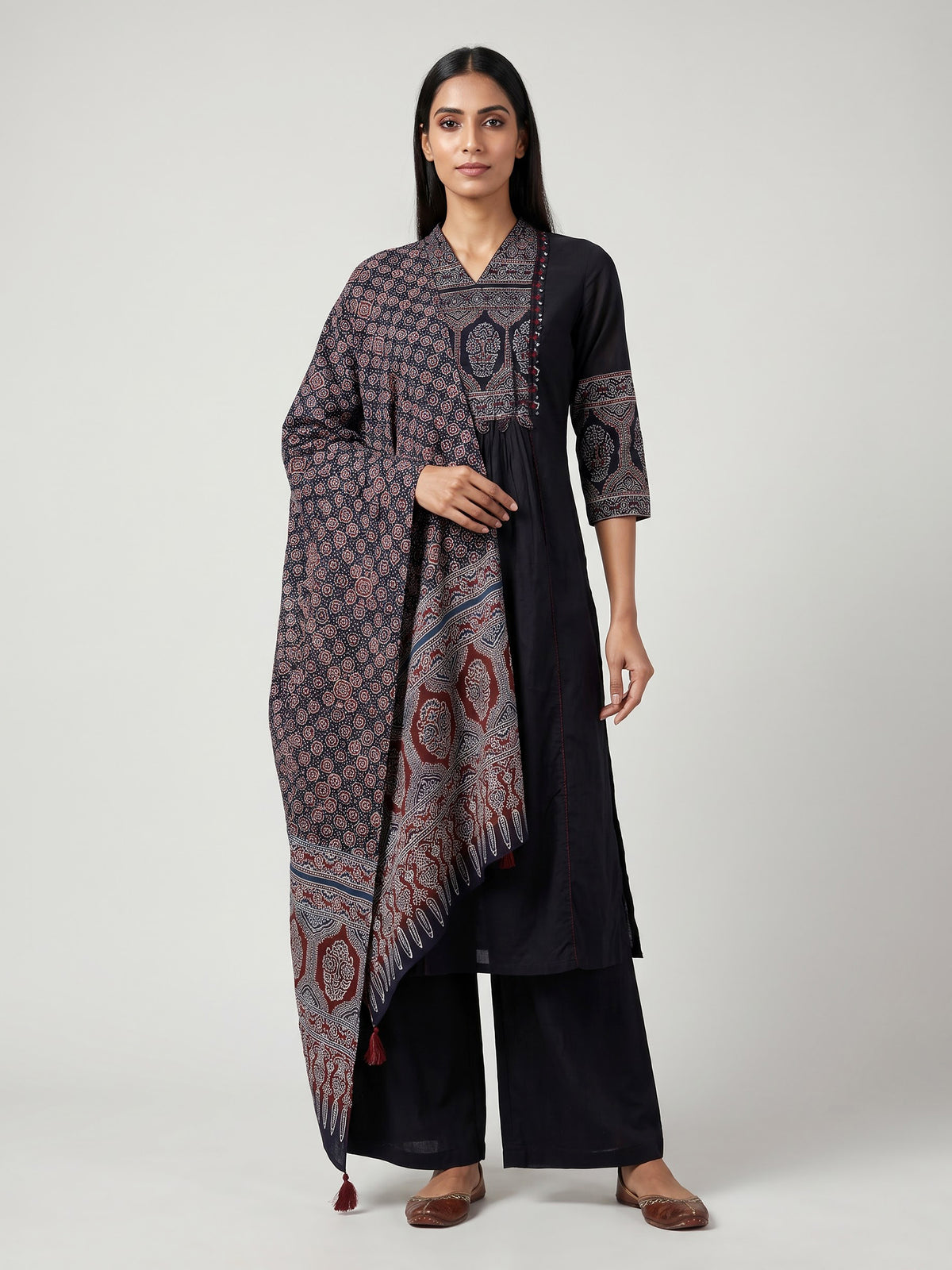 Black cotton blend anarkali kurti set with sparkling traditional accents