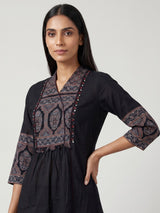 Black cotton blend anarkali kurti set with sparkling traditional accents