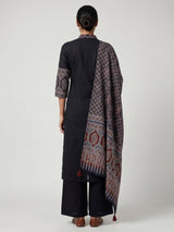 Black cotton blend anarkali kurti set with sparkling traditional accents