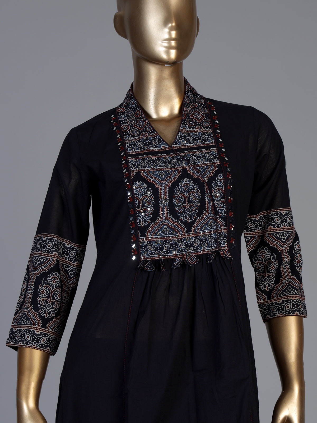 Black cotton blend anarkali kurti set with sparkling traditional accents
