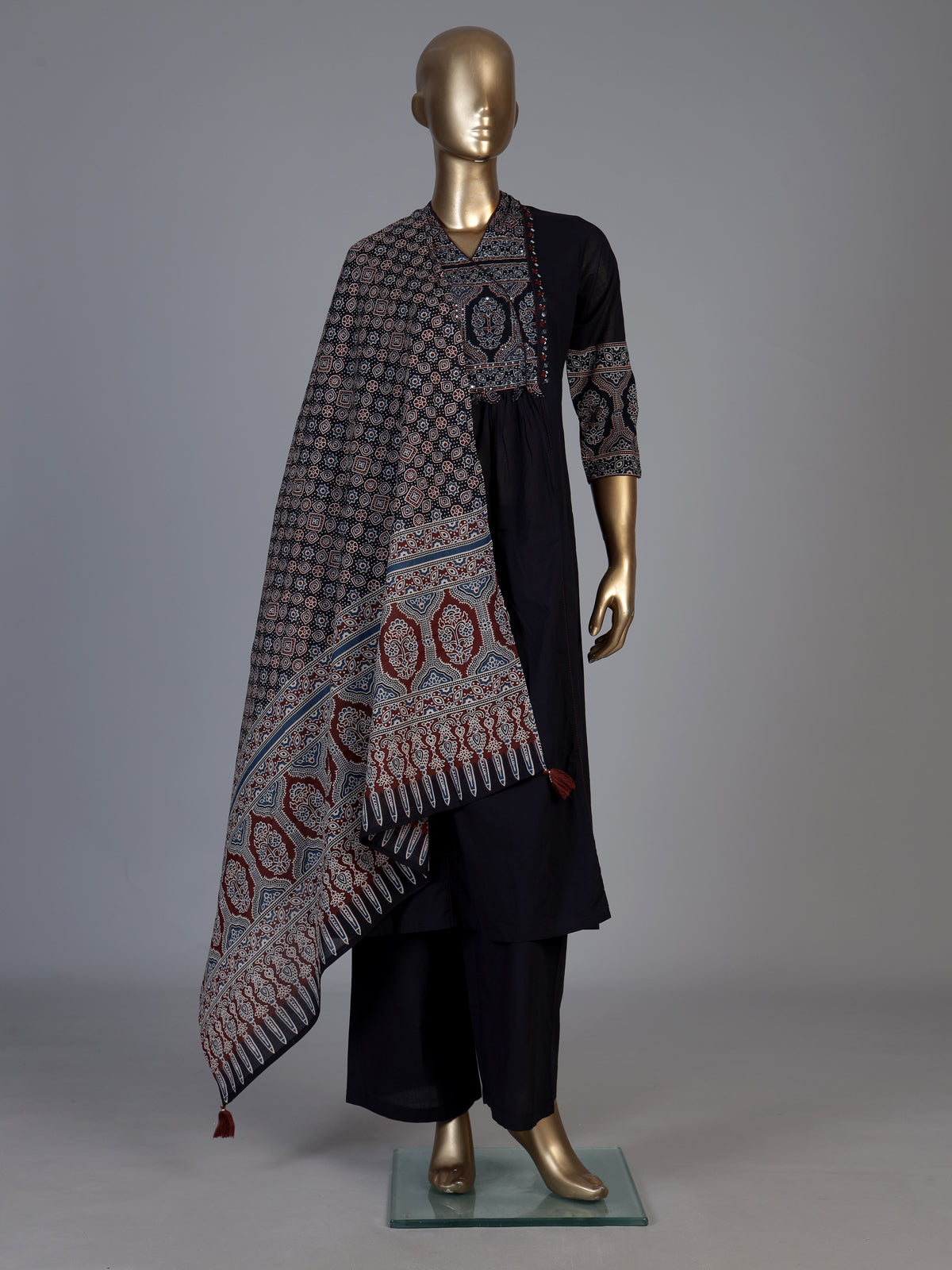 Black cotton blend anarkali kurti set with sparkling traditional accents