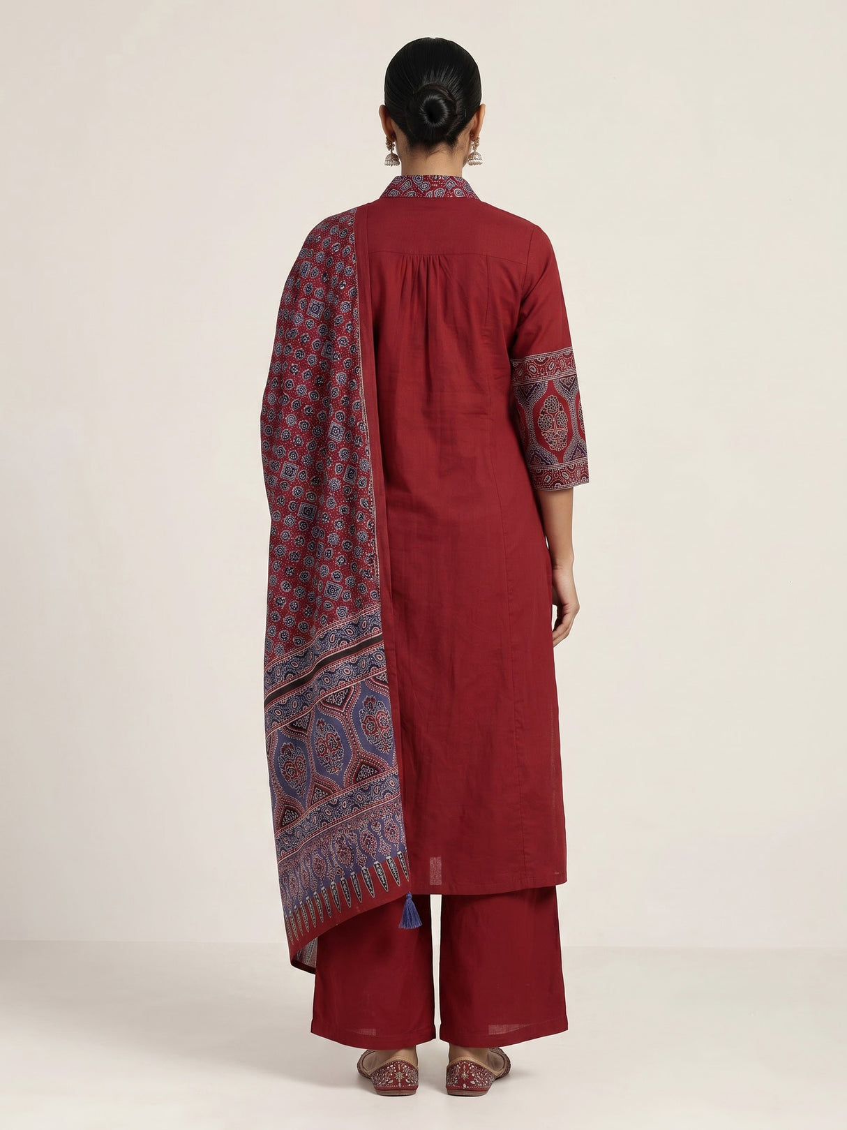 Maroon cotton blend anarkali kurti set with ornate festive detailing