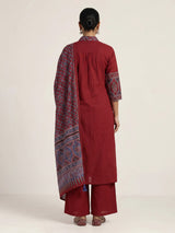 Maroon cotton blend anarkali kurti set with ornate festive detailing