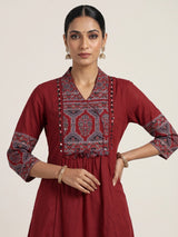 Maroon cotton blend anarkali kurti set with ornate festive detailing