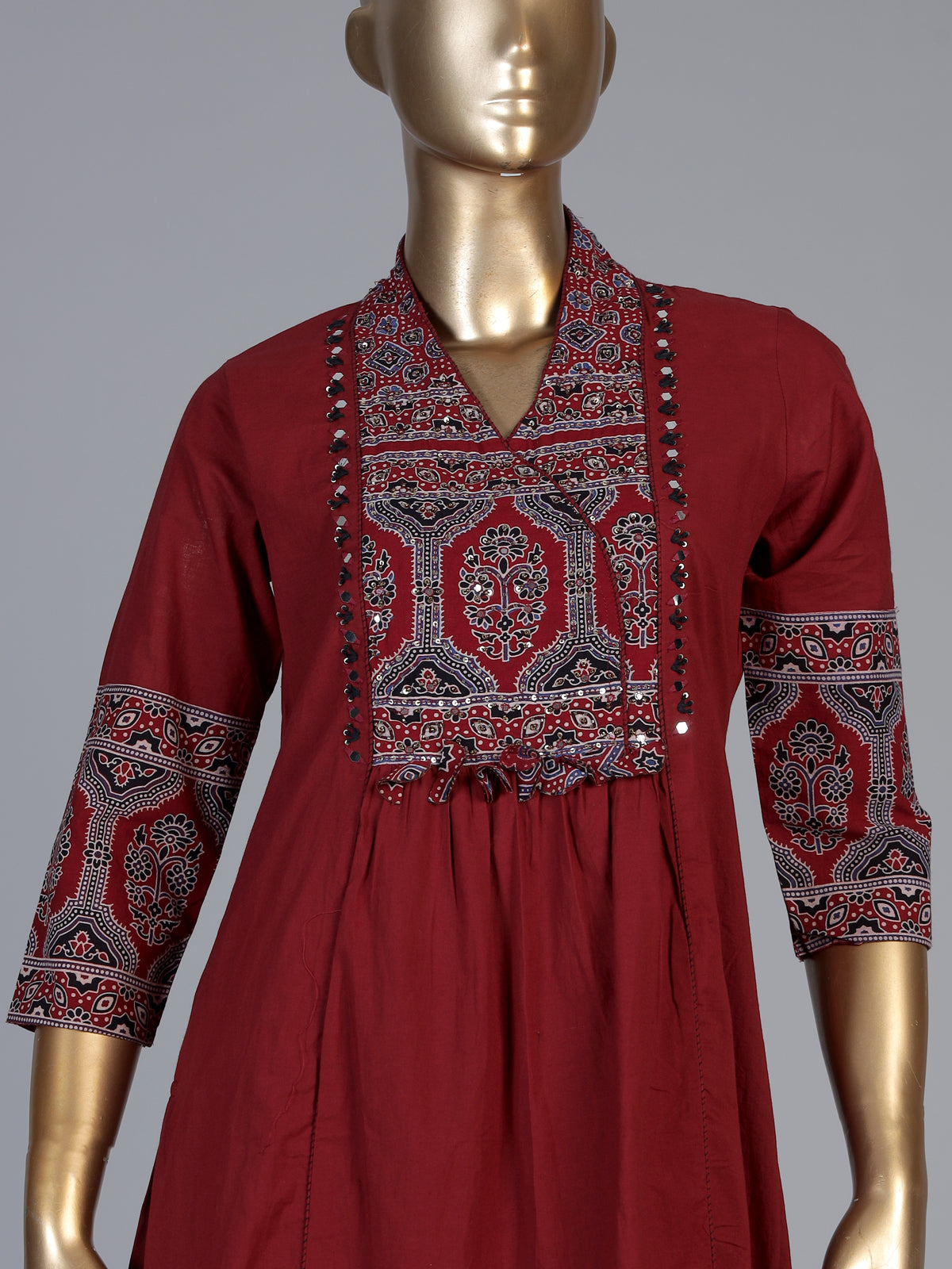 Maroon cotton blend anarkali kurti set with ornate festive detailing