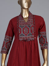 Maroon cotton blend anarkali kurti set with ornate festive detailing