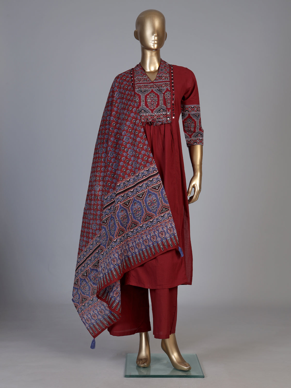 Maroon cotton blend anarkali kurti set with ornate festive detailing